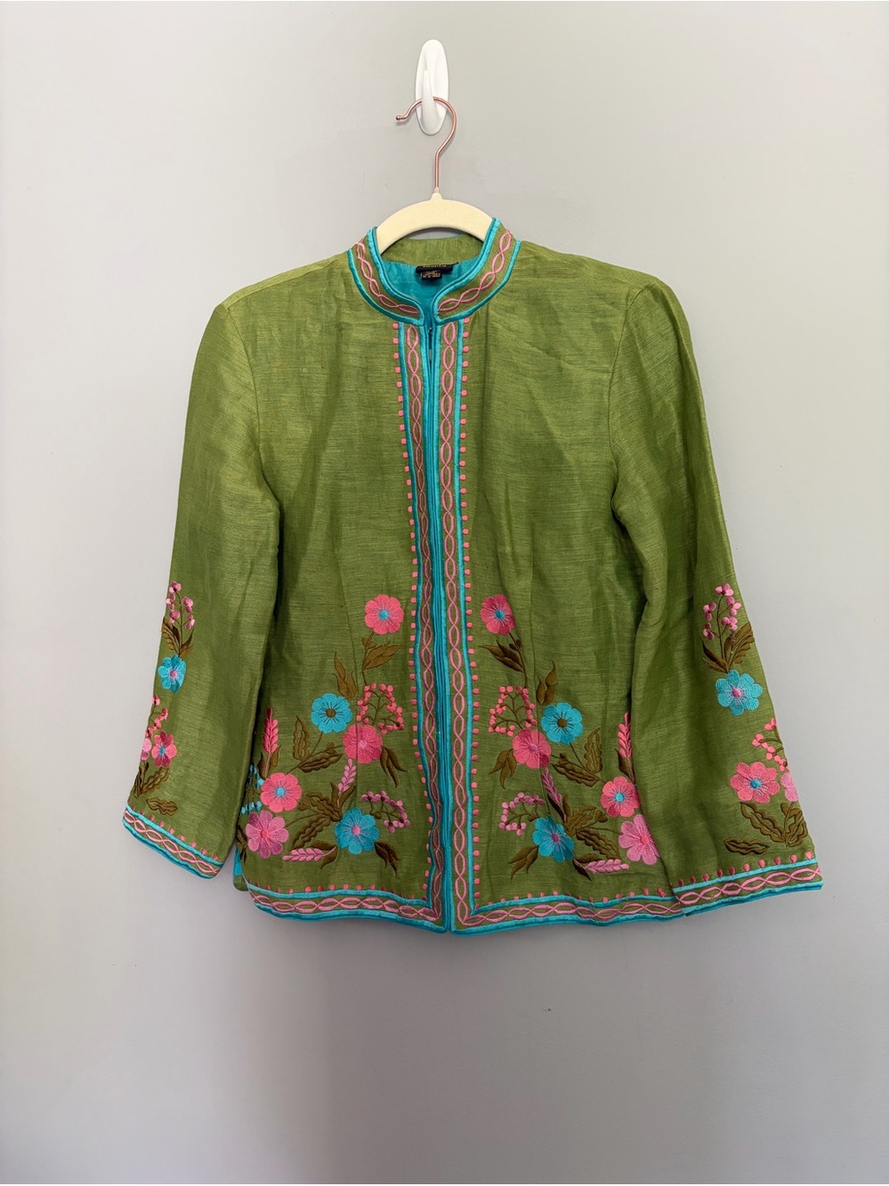 Plenty Silk Linen Slub Jacket Size S Green Pink Embroidered Floral India Made